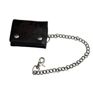 Biker Trifold Black Leather Wallet With Chain & Skull Design